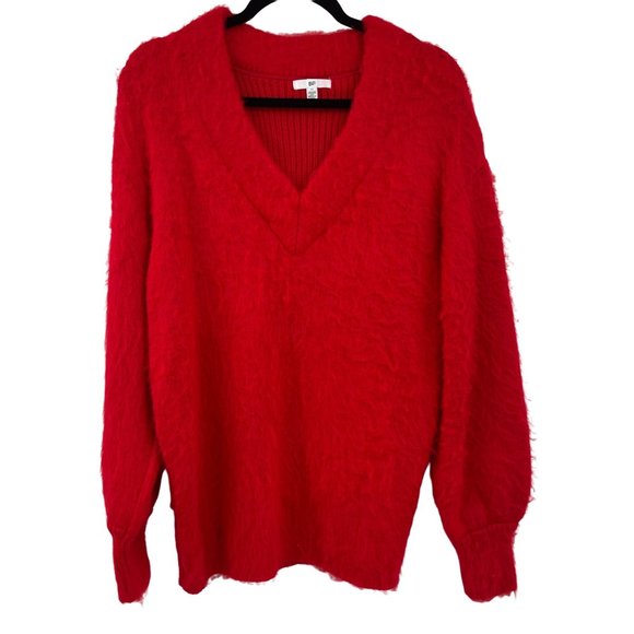 BP Fuzzy Sweater Medium Red Ribbed V Neck - Picture 1 of 10